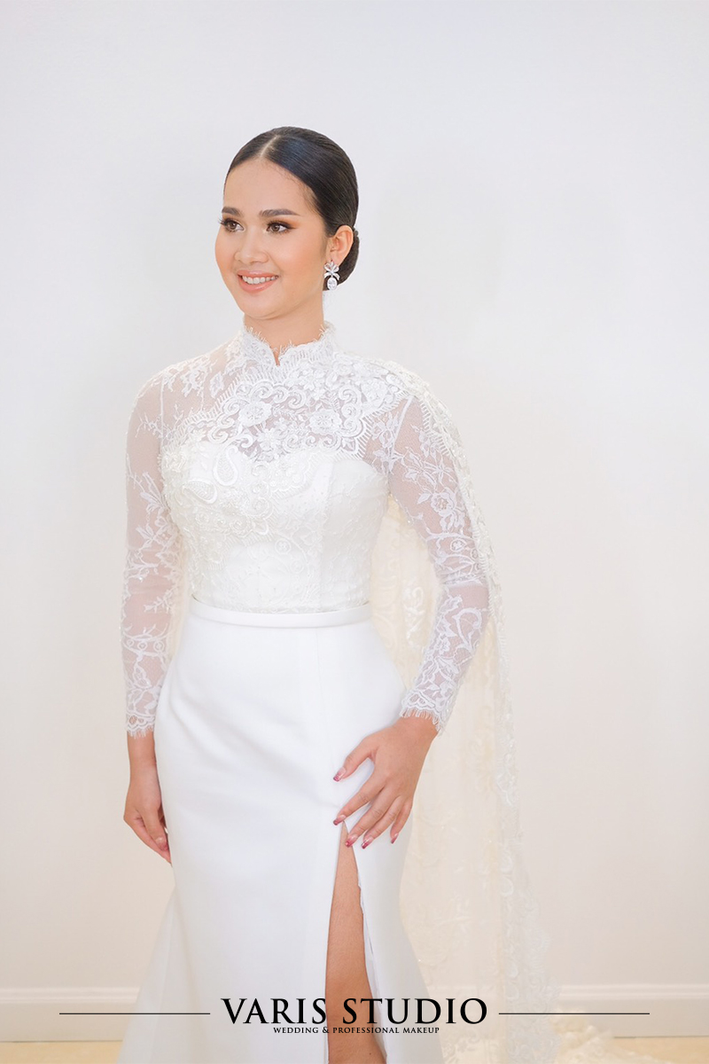 00010T ชุดแต่งงานไทยประยุกต์ สะไบผ้าลูกไม้ฝรั่งเศส สีขาว