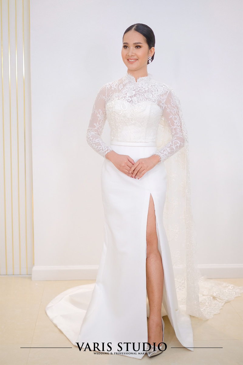 00010T ชุดแต่งงานไทยประยุกต์ สะไบผ้าลูกไม้ฝรั่งเศส สีขาว