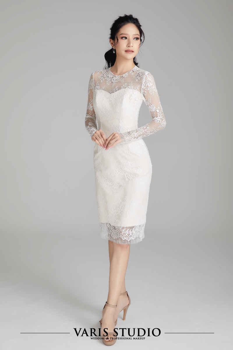 00072E ชุดหมั้นสำหรับเช่า ชุดพิธีหมั้น Dress สั้น ผ้าลูกไม้ฝรั่งเศส