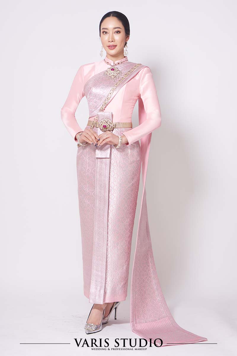 ชุดไทย สำหรับเช่า 00393T ชุดไทยบรมพิมาน สีชมพู ดิ้นเงิน ลายฟินาเล่