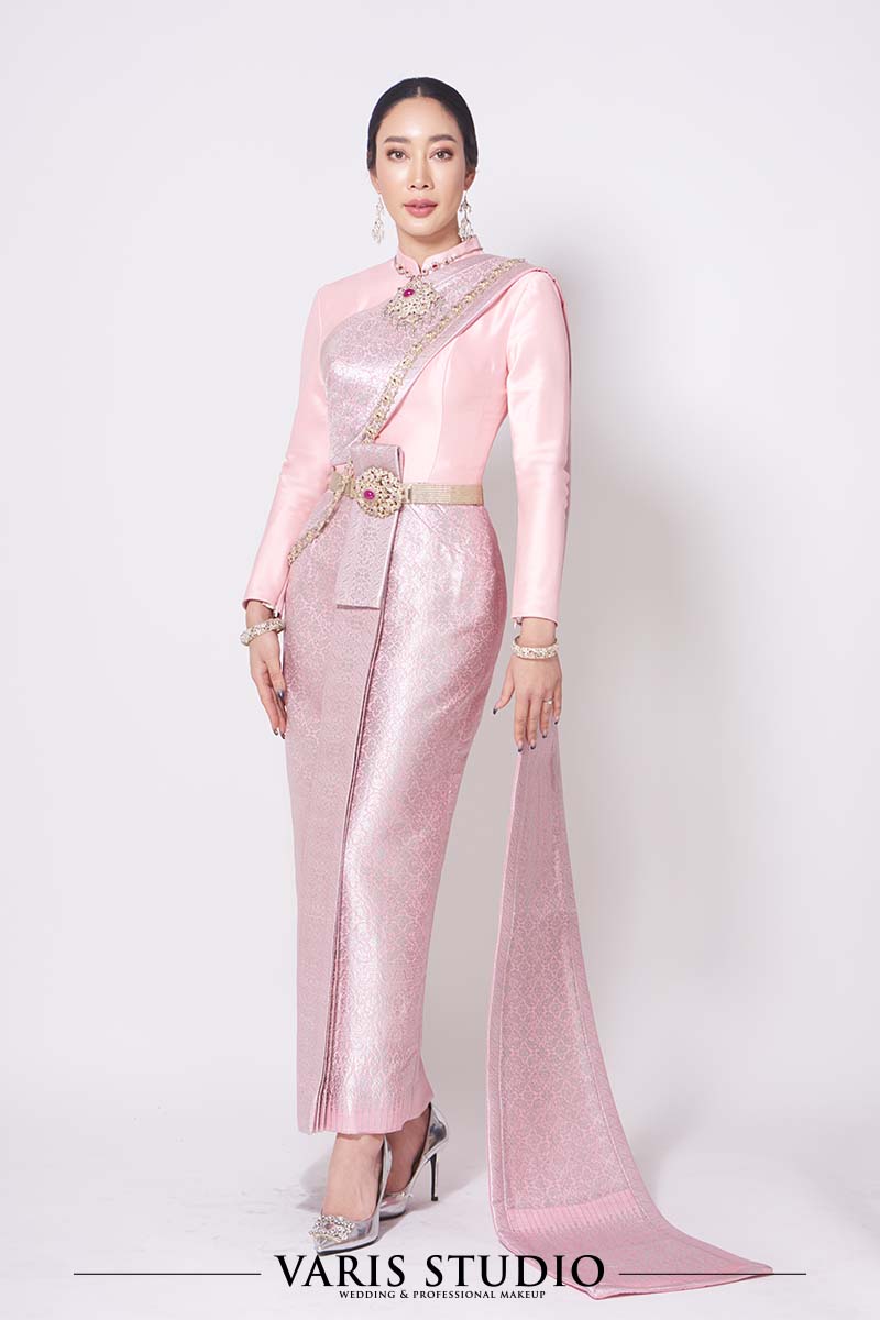 ชุดไทย สำหรับเช่า 00393T ชุดไทยบรมพิมาน สีชมพู ดิ้นเงิน ลายฟินาเล่