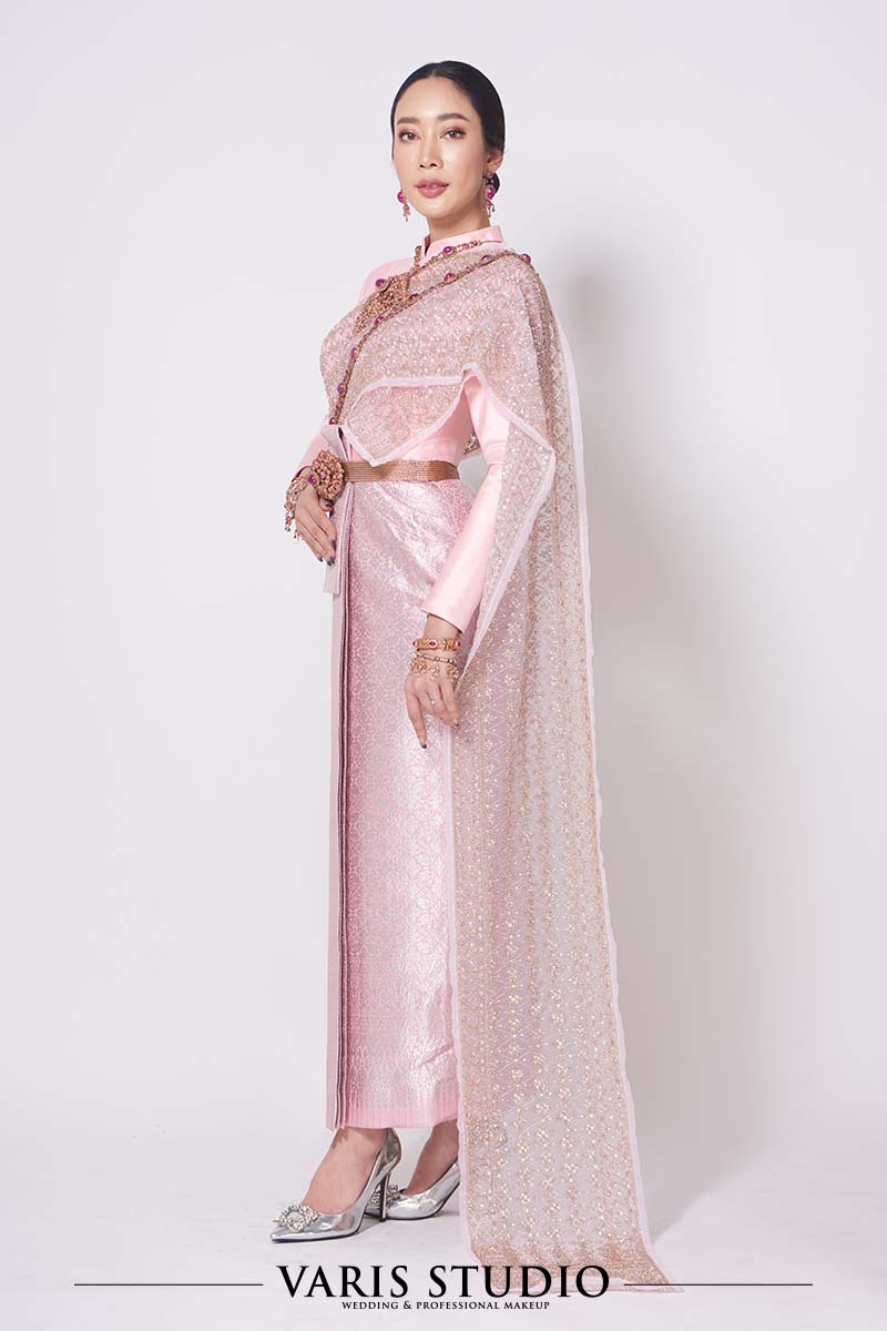ชุดไทย สำหรับเช่า 00393T ชุดไทยบรมพิมาน สีชมพู ดิ้นเงิน ลายฟินาเล่